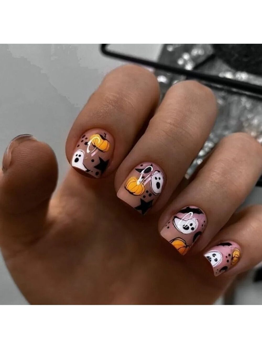 2/$10 Halloween Pumpkin & Ghost False Nails - Pink Orange Design